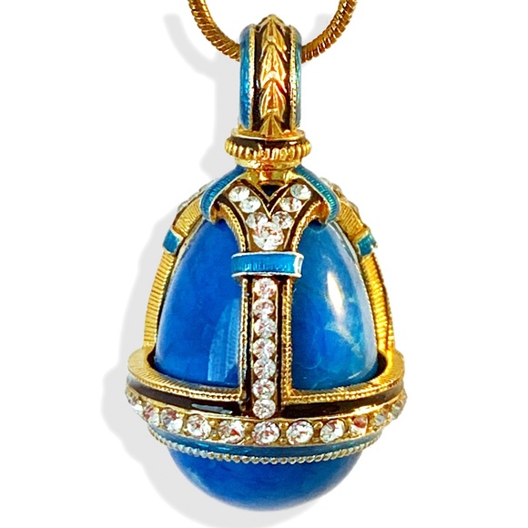 BLUE TURQUOISE STERLING Silver Faberge Art Deco Egg Pendant Swarovski Crystals - Picture 1 of 2